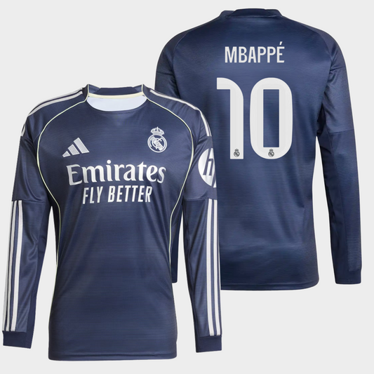 Real Madrid 2025/26 visitante manga larga aficionado Mbappé 10